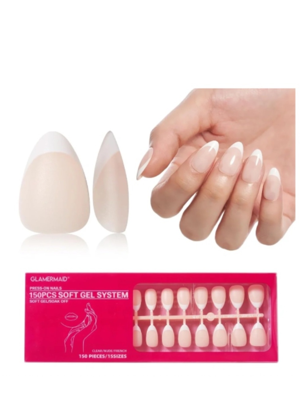 French Tip Nude Pink And White Short Almond Press-On Nails